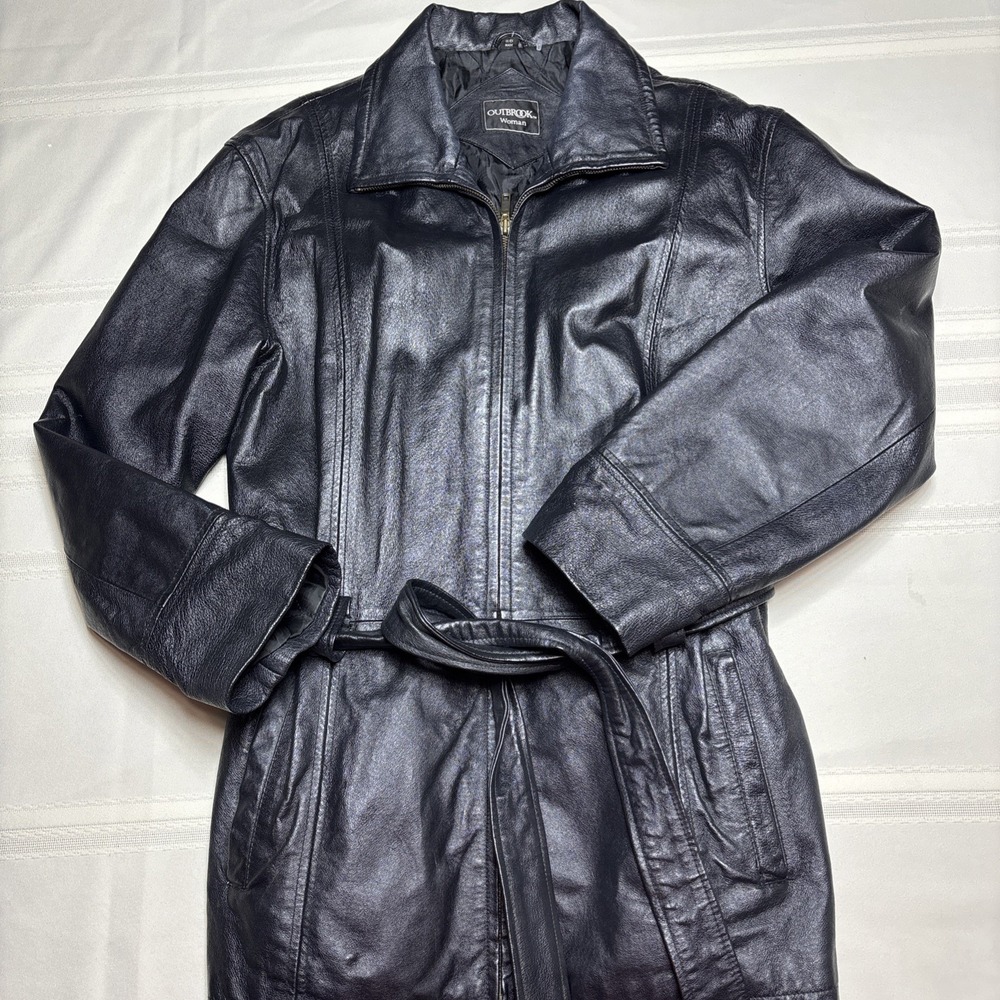Womens Outbrook Zipper Lined Black 100% Leather Jacket Belted Coat SZ XL